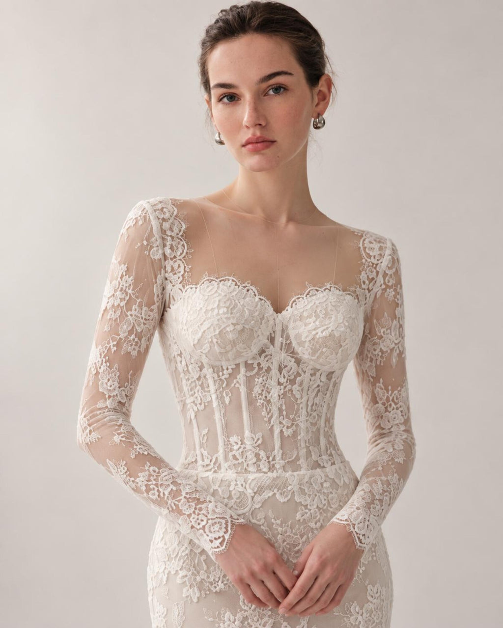 Long Sleeve Lace Mermaid Wedding Dress, Sweetheart Corset Bridal Gown, Floral Lace Chapel Train Wedding Gown