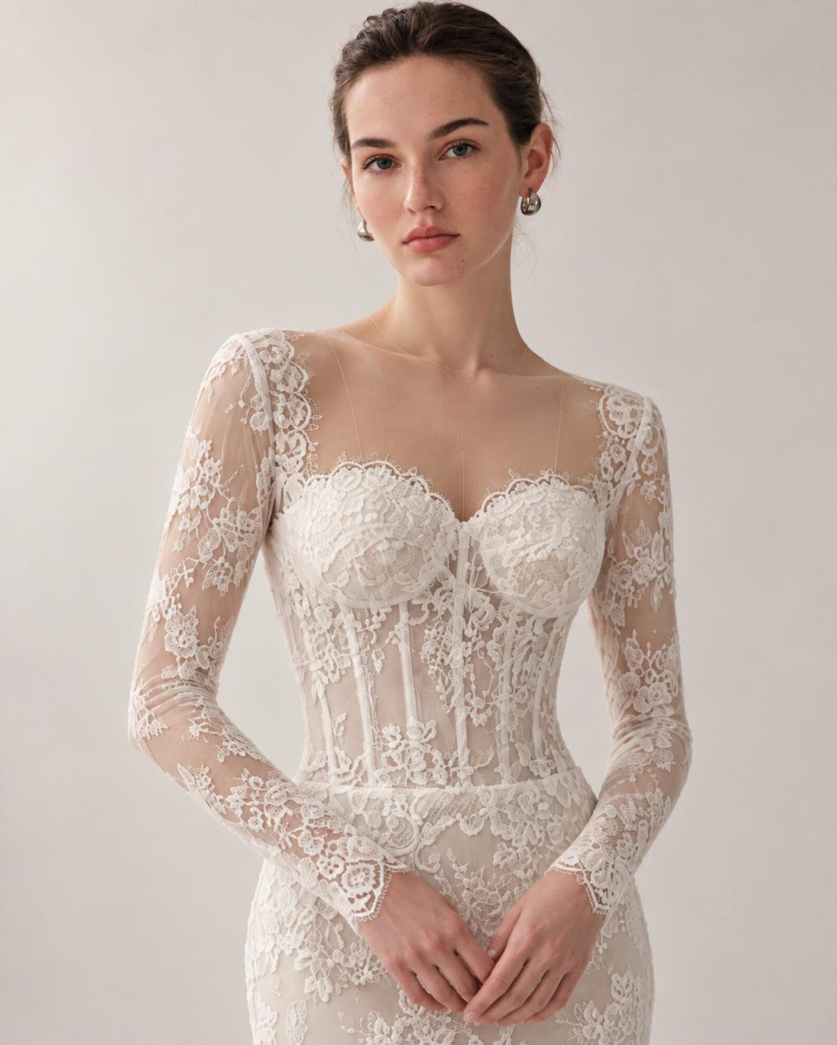 Long Sleeve Lace Mermaid Wedding Dress, Sweetheart Corset Bridal Gown, Floral Lace Chapel Train Wedding Gown