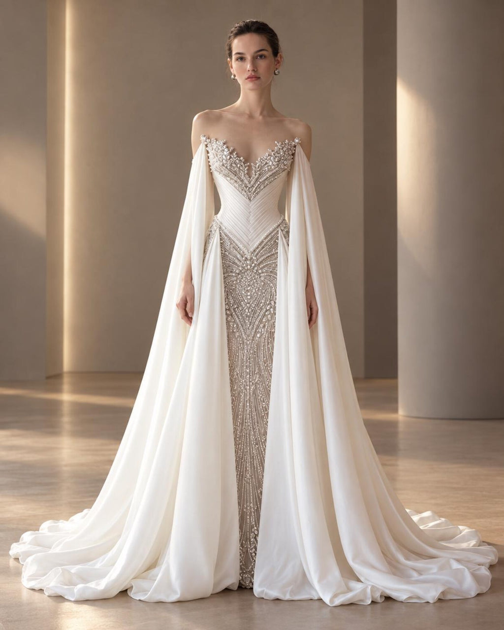 Pearl Beaded Mermaid Bridal Gown, Off Shoulder Chiffon Cape Sleeve Wedding Dress