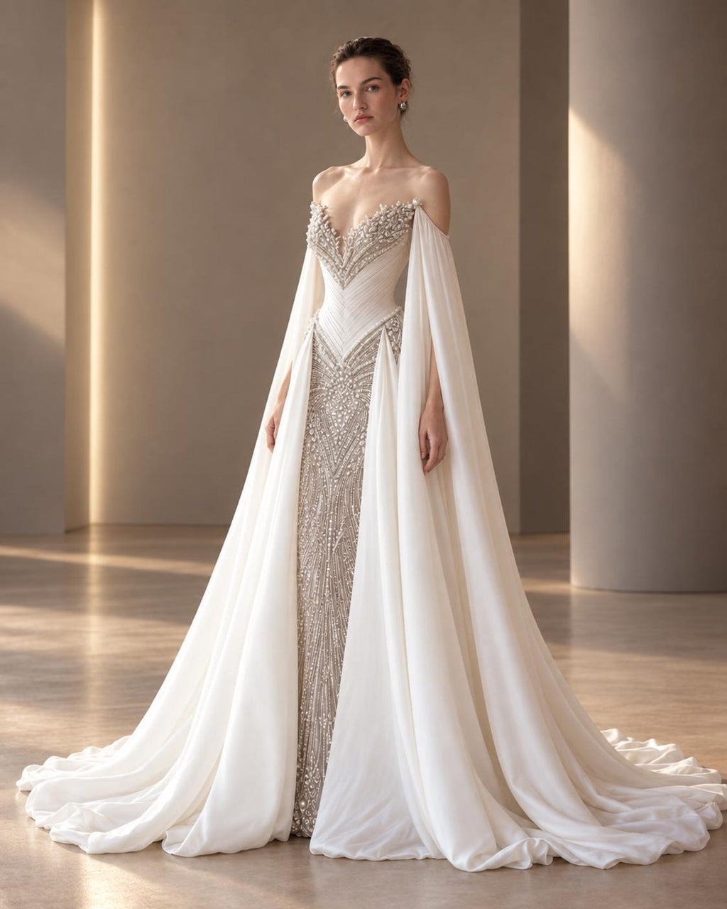 Pearl Beaded Mermaid Bridal Gown, Off Shoulder Chiffon Cape Sleeve Wedding Dress