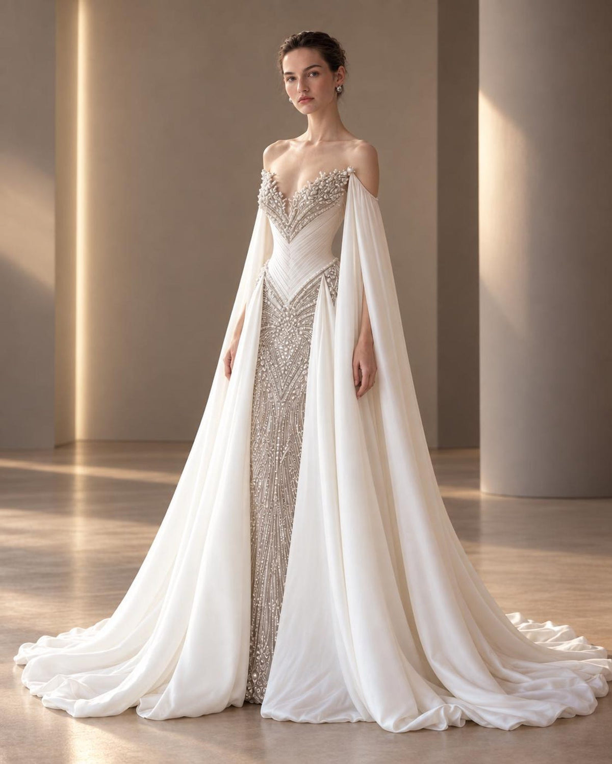 Pearl Beaded Mermaid Bridal Gown, Off Shoulder Chiffon Cape Sleeve Wedding Dress