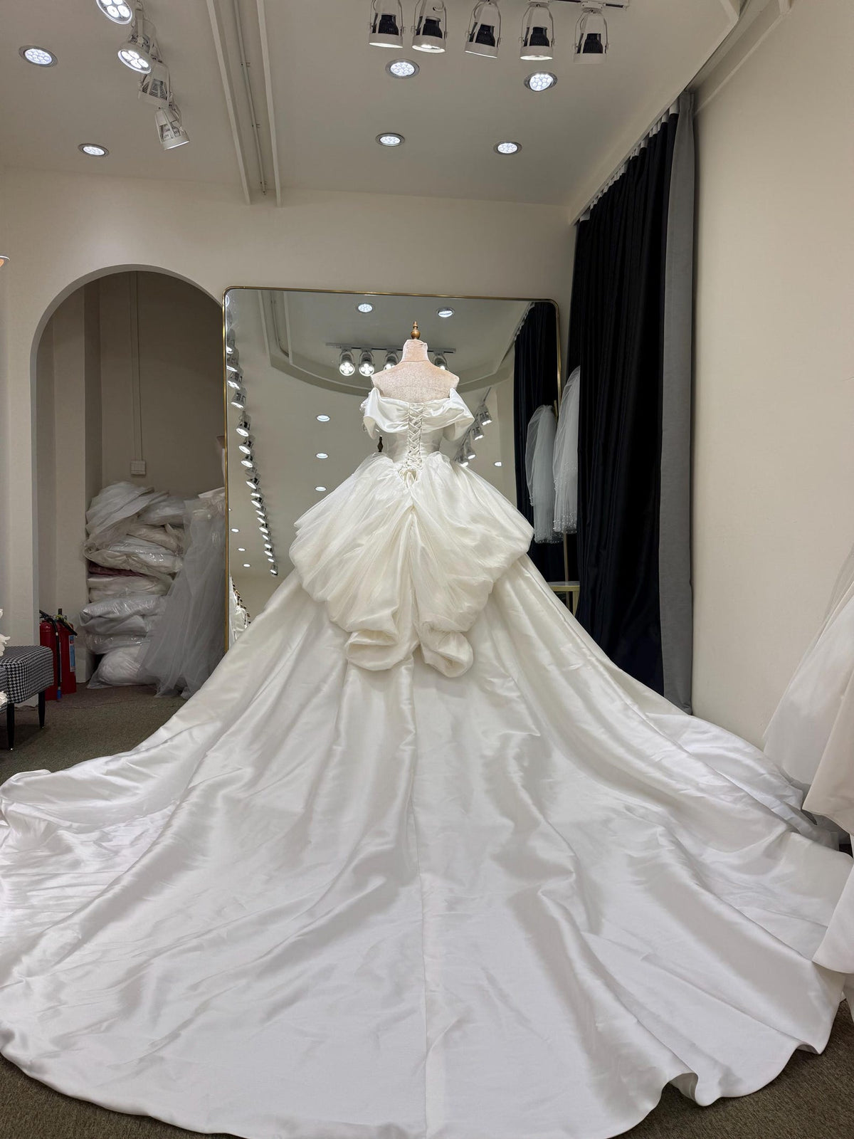 Ruffled Off Shoulder Satin Wedding Dress, 3D Flower Skirt Princess Ballgown Bridal Gown