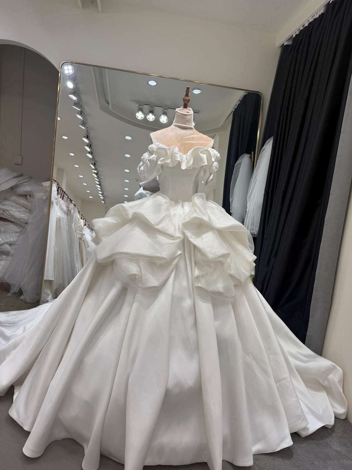 Ruffled Off Shoulder Satin Wedding Dress, 3D Flower Skirt Princess Ballgown Bridal Gown