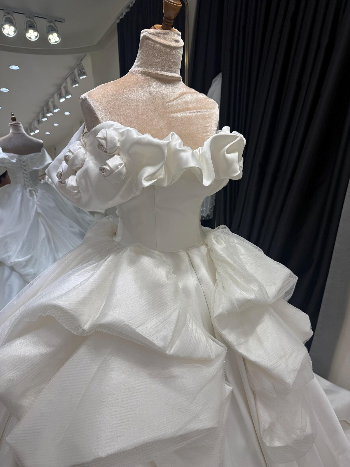 Ruffled Off Shoulder Satin Wedding Dress, 3D Flower Skirt Princess Ballgown Bridal Gown
