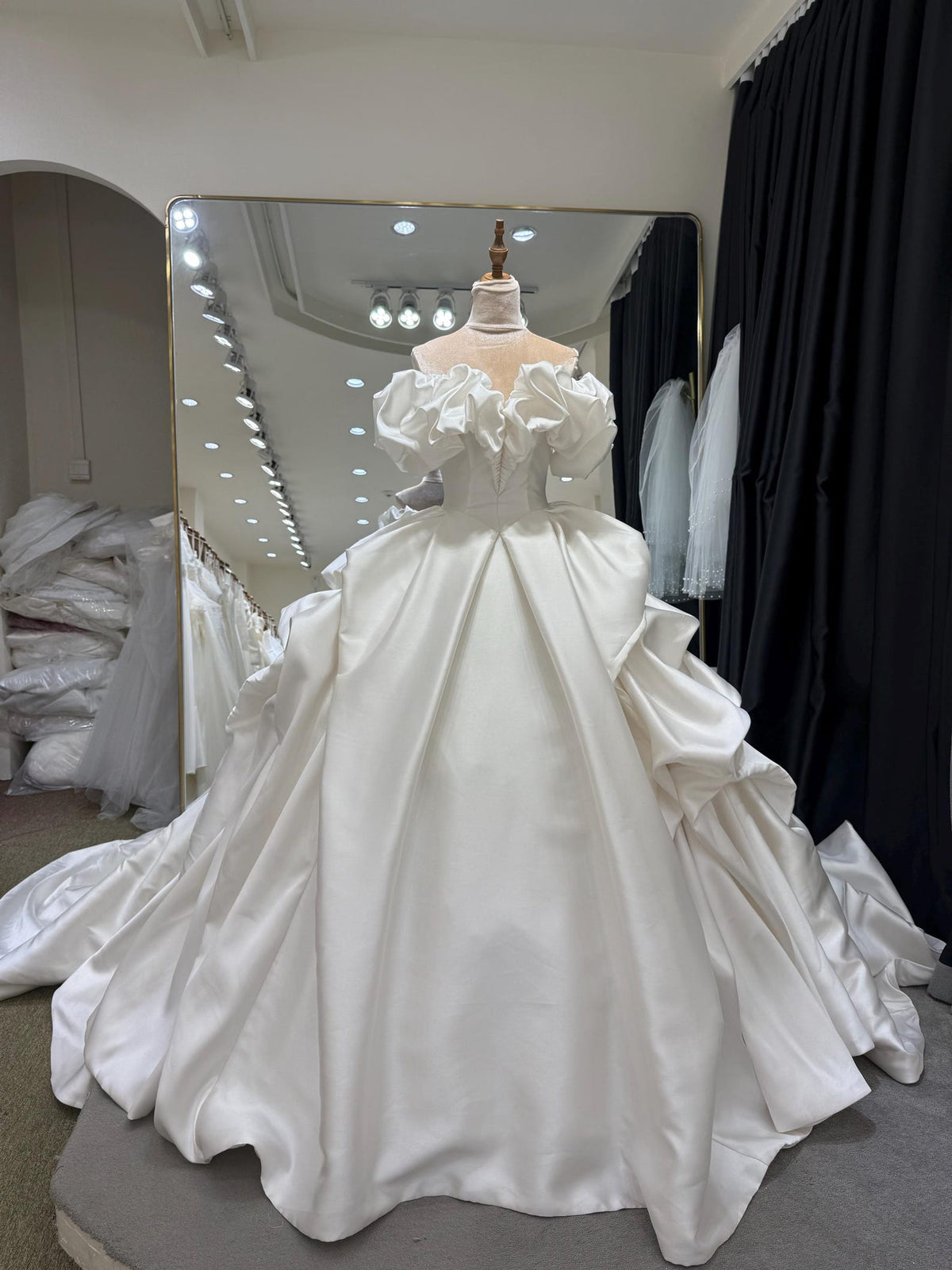 Ruffled Off Shoulder Satin Wedding Dress, 3D Flower Skirt Princess Ballgown Bridal Gown