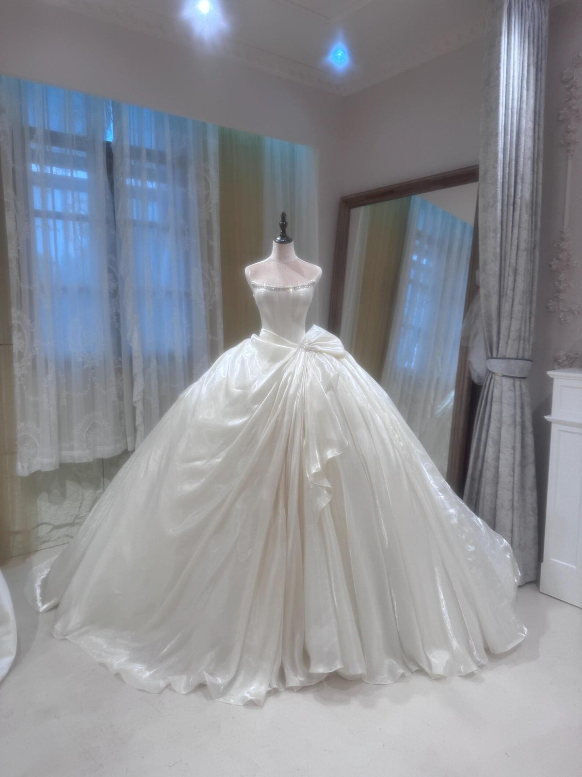 Strapless Mikado Satin Wedding Dress, Rhinestone Neckline Ballgown Wedding Gown With Big Bow, Custom Bridal Dress for Church Wedding