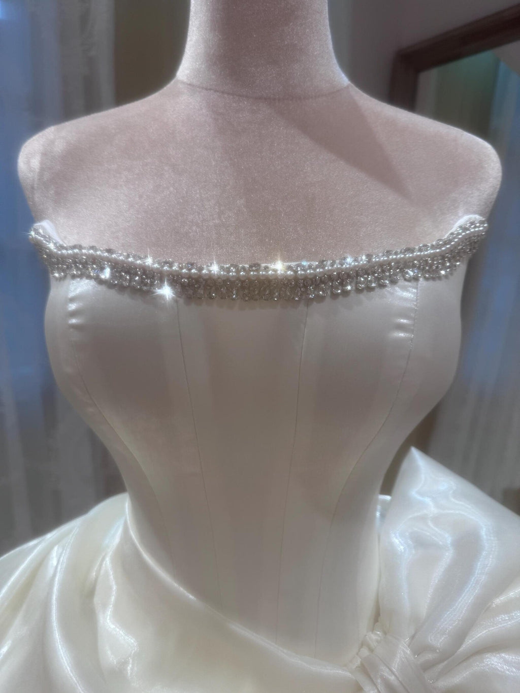 Strapless Mikado Satin Wedding Dress, Rhinestone Neckline Ballgown Wedding Gown With Big Bow, Custom Bridal Dress for Church Wedding