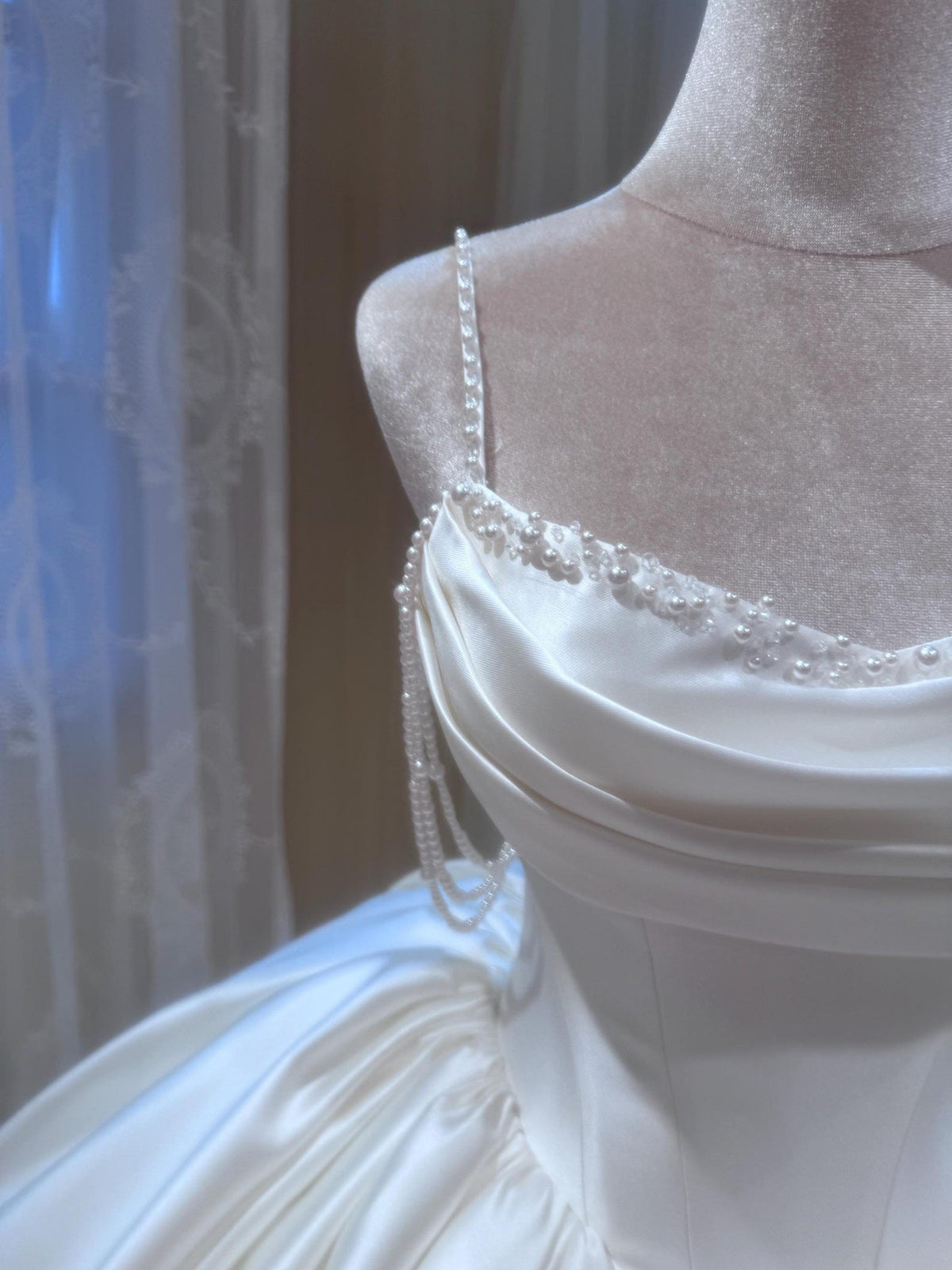 Satin Ball Gown Wedding Dress, Pearl Strap Bridal Gown, Draped Sweetheart Neckline, Luxury A-line Wedding Dress, Custom Made Bridal Dress