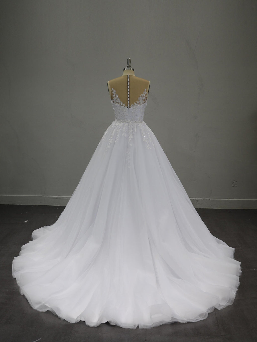 Plunging V Neck Lace Tulle Ballgown Wedding Dress, 3D Floral Appliqué Bridal Gown With Long Train, Custom Wedding Gown