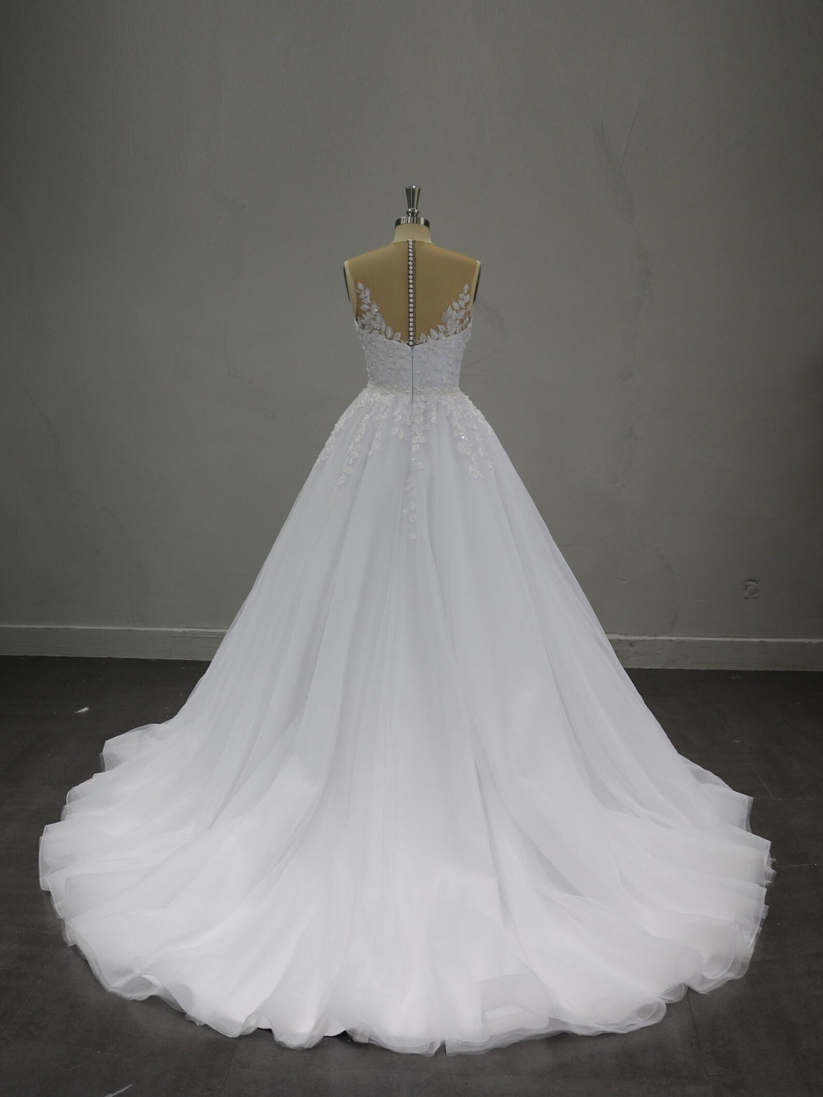 Plunging V Neck Lace Tulle Ballgown Wedding Dress, 3D Floral Appliqué Bridal Gown With Long Train, Custom Wedding Gown