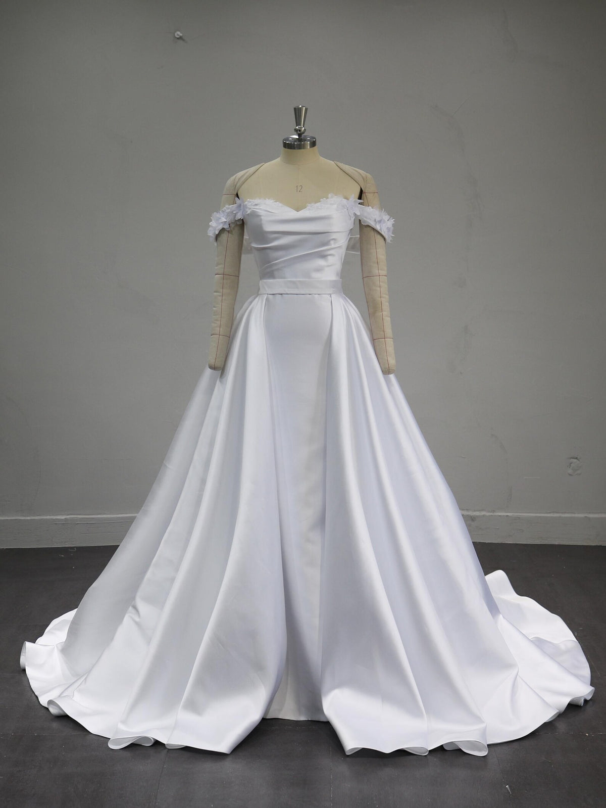 Off Shoulder Satin Wedding Dress, Detachable Floral Sleeves Bridal Gown, Pleated Bodice Ballgown with Train, Custom Made Wedding Gown