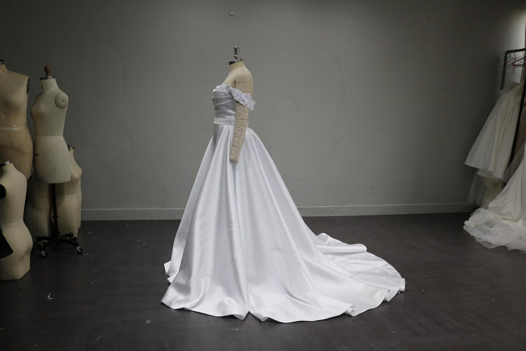 Off Shoulder Satin Wedding Dress, Detachable Floral Sleeves Bridal Gown, Pleated Bodice Ballgown with Train, Custom Made Wedding Gown