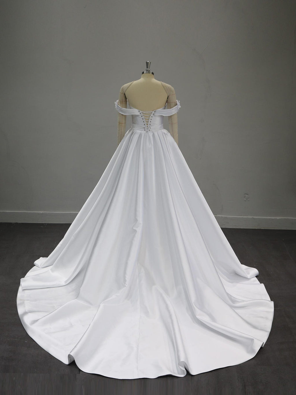 Off Shoulder Satin Wedding Dress, Detachable Floral Sleeves Bridal Gown, Pleated Bodice Ballgown with Train, Custom Made Wedding Gown