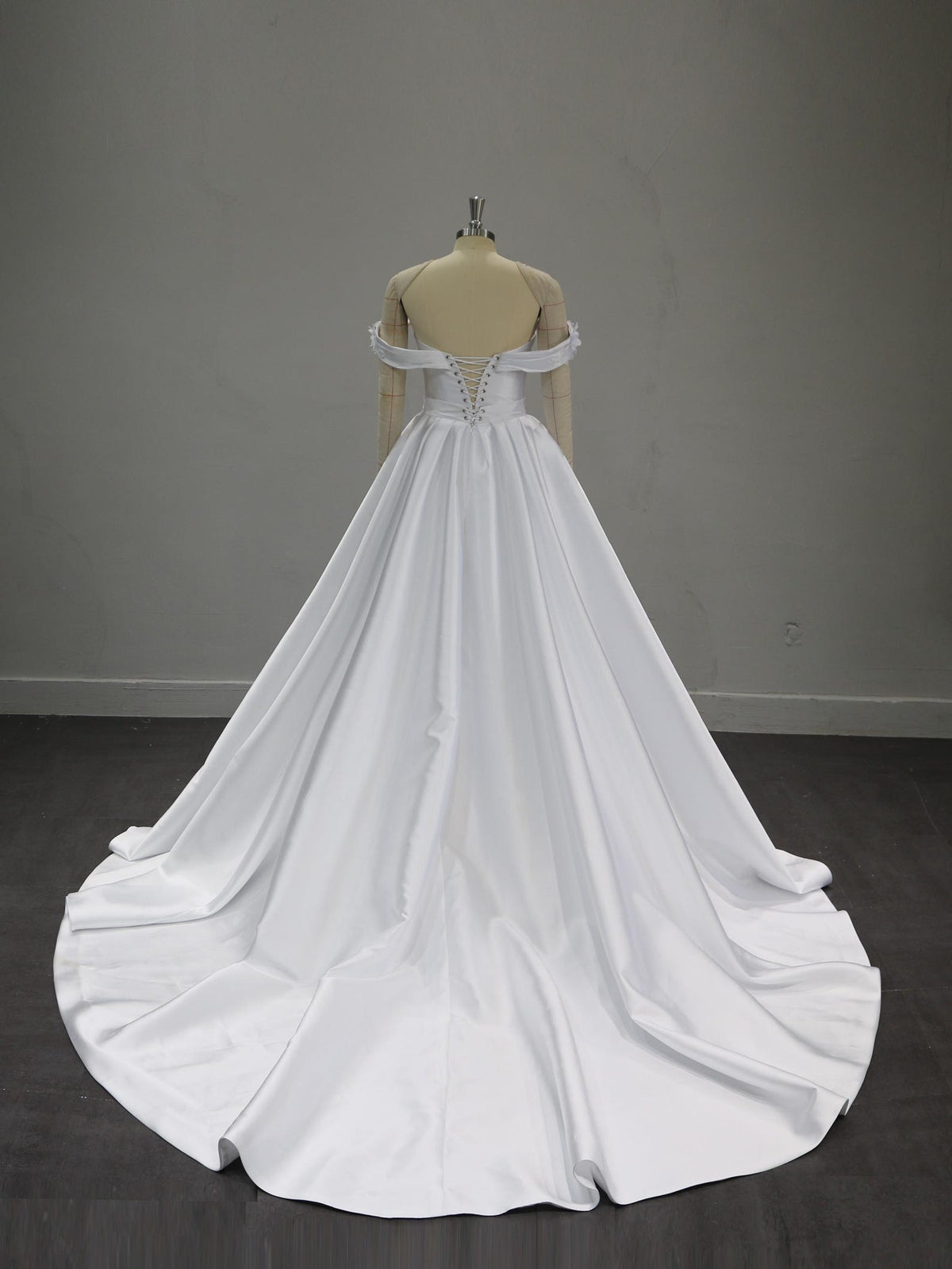 Off Shoulder Satin Wedding Dress, Detachable Floral Sleeves Bridal Gown, Pleated Bodice Ballgown with Train, Custom Made Wedding Gown