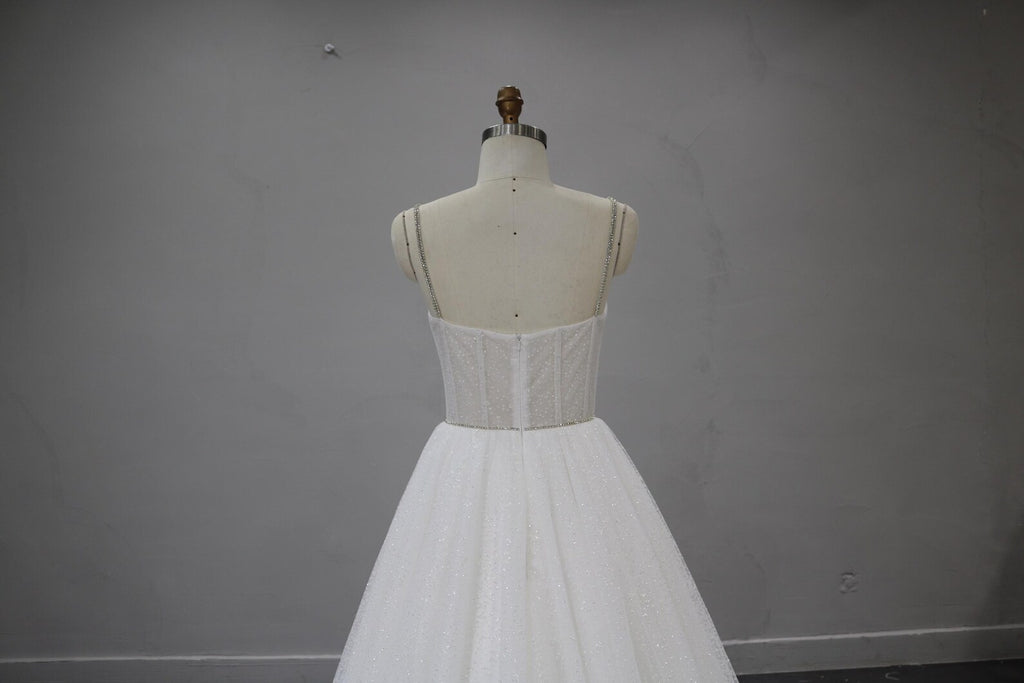 Sparkle Tulle Ballgown Wedding Dress, Sweetheart Corset Bridal Gown, Rhinestone Thin Straps Custom Wedding Gown