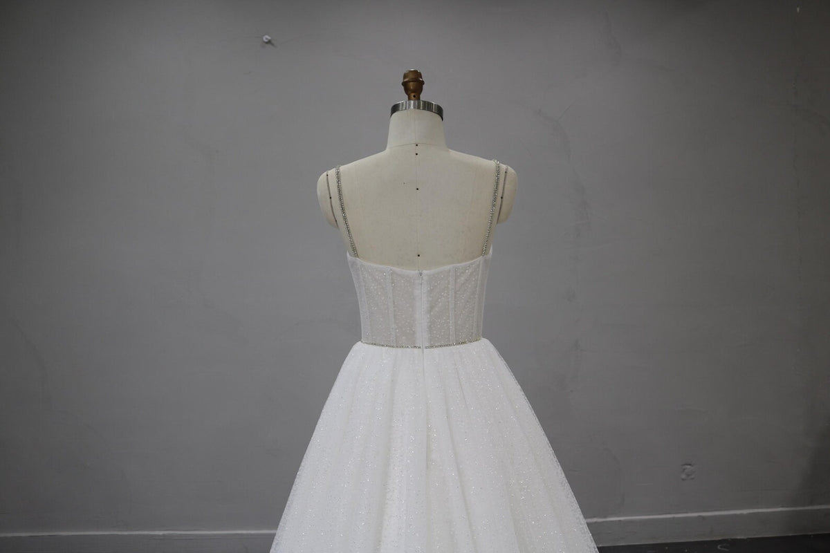 Sparkle Tulle Ballgown Wedding Dress, Sweetheart Corset Bridal Gown, Rhinestone Thin Straps Custom Wedding Gown