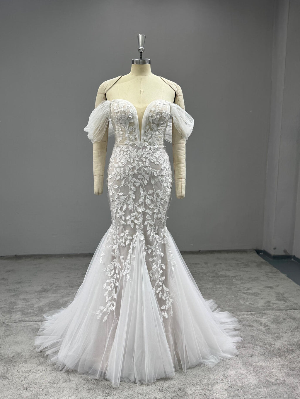 Off Shoulder Mermaid Wedding Dress, 3D Floral Lace Bridal Gown, Deep V Sheer Tulle Mermaid Gown With Train