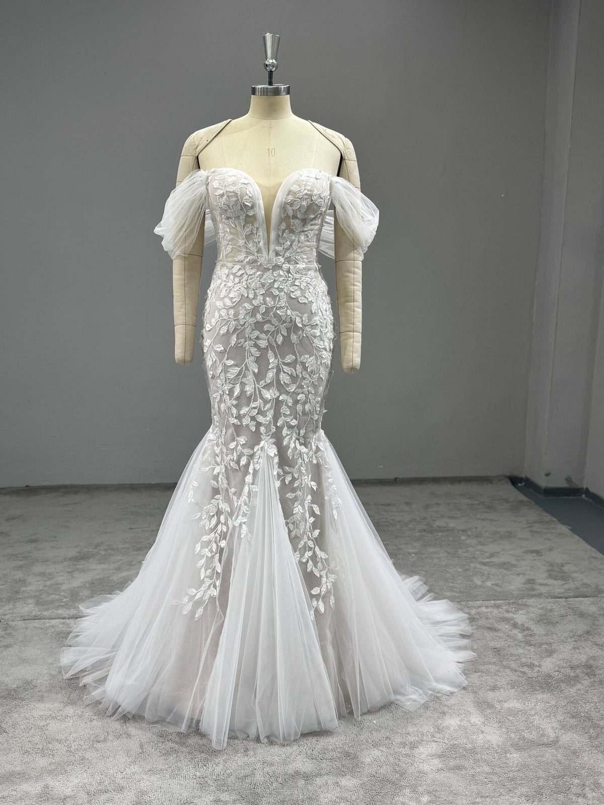 Off Shoulder Mermaid Wedding Dress, 3D Floral Lace Bridal Gown, Deep V Sheer Tulle Mermaid Gown With Train