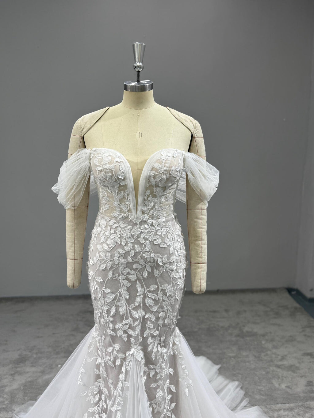 Off Shoulder Mermaid Wedding Dress, 3D Floral Lace Bridal Gown, Deep V Sheer Tulle Mermaid Gown With Train