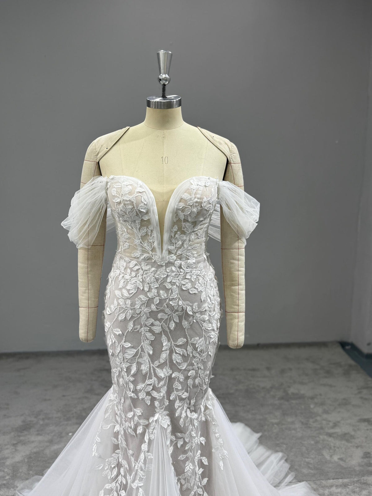 Off Shoulder Mermaid Wedding Dress, 3D Floral Lace Bridal Gown, Deep V Sheer Tulle Mermaid Gown With Train