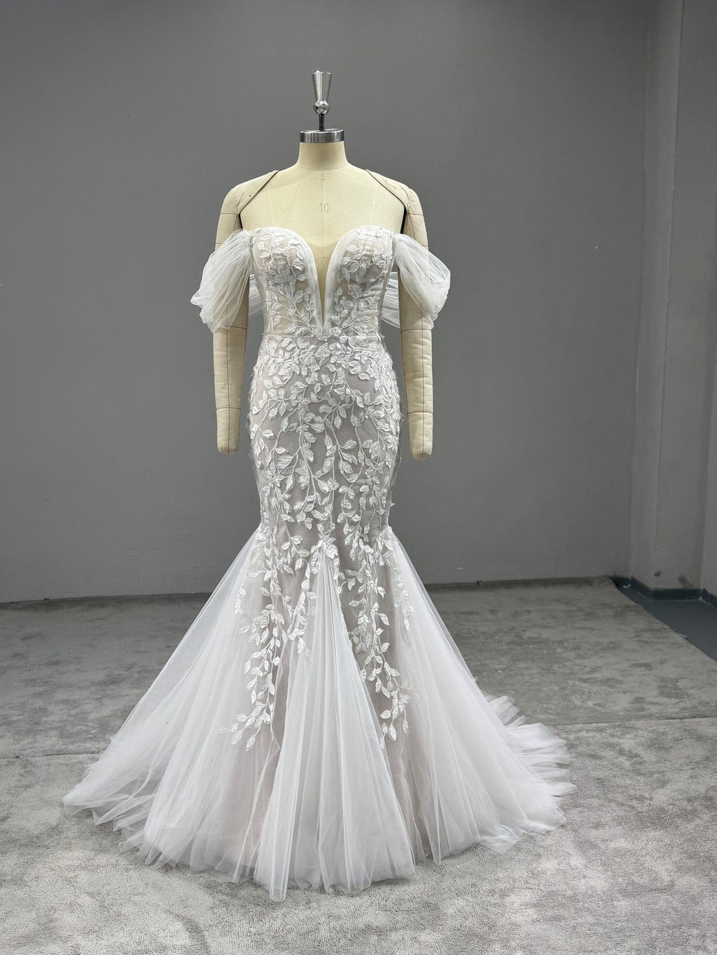 Off Shoulder Mermaid Wedding Dress, 3D Floral Lace Bridal Gown, Deep V Sheer Tulle Mermaid Gown With Train