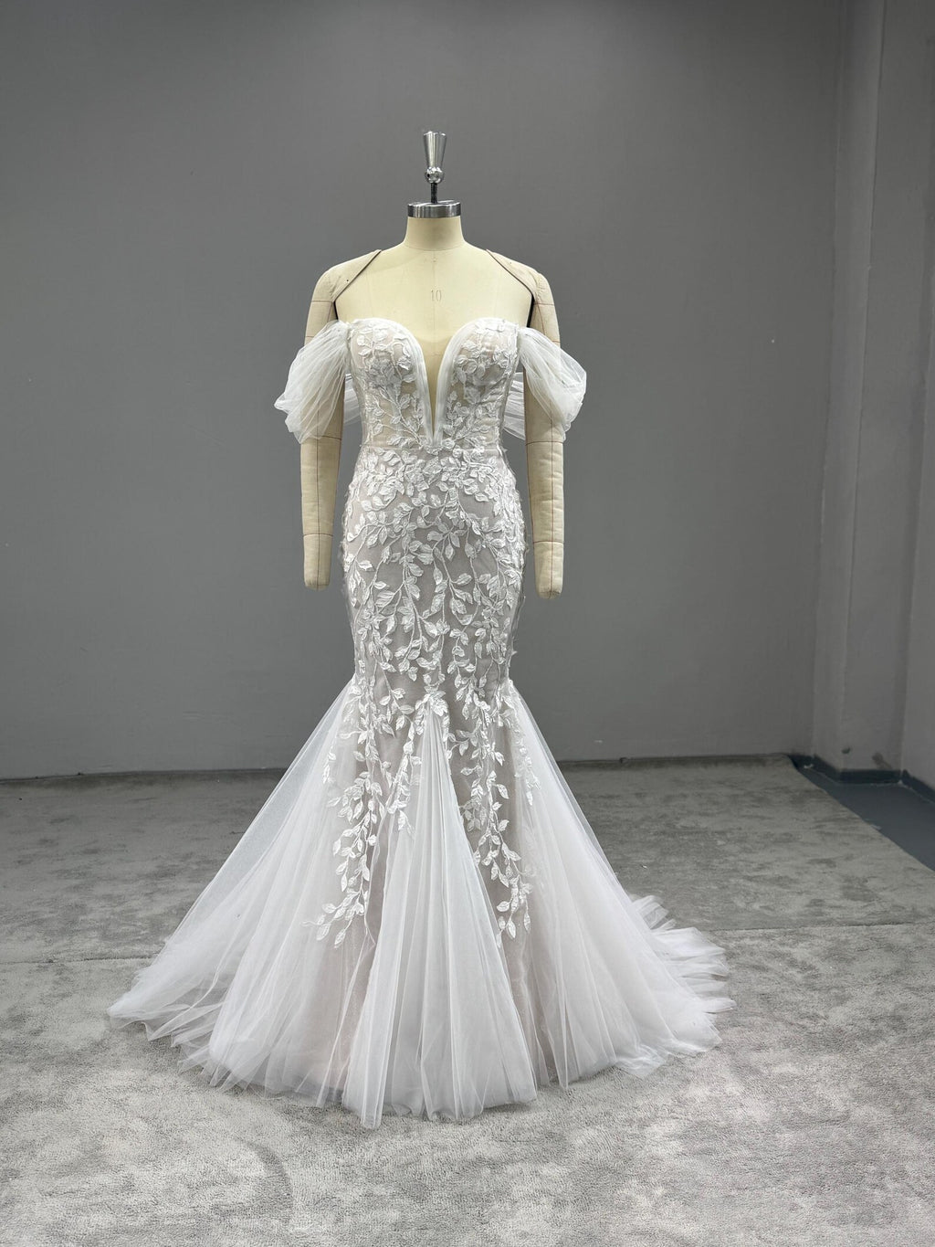 Off Shoulder Mermaid Wedding Dress, 3D Floral Lace Bridal Gown, Deep V Sheer Tulle Mermaid Gown With Train