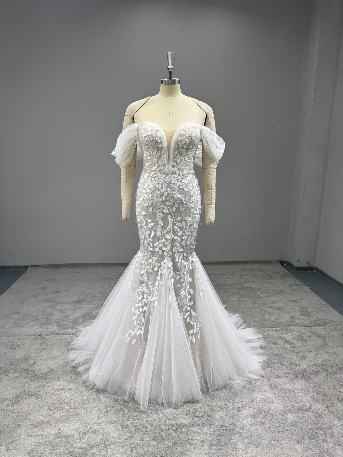 Off Shoulder Mermaid Wedding Dress, 3D Floral Lace Bridal Gown, Deep V Sheer Tulle Mermaid Gown With Train