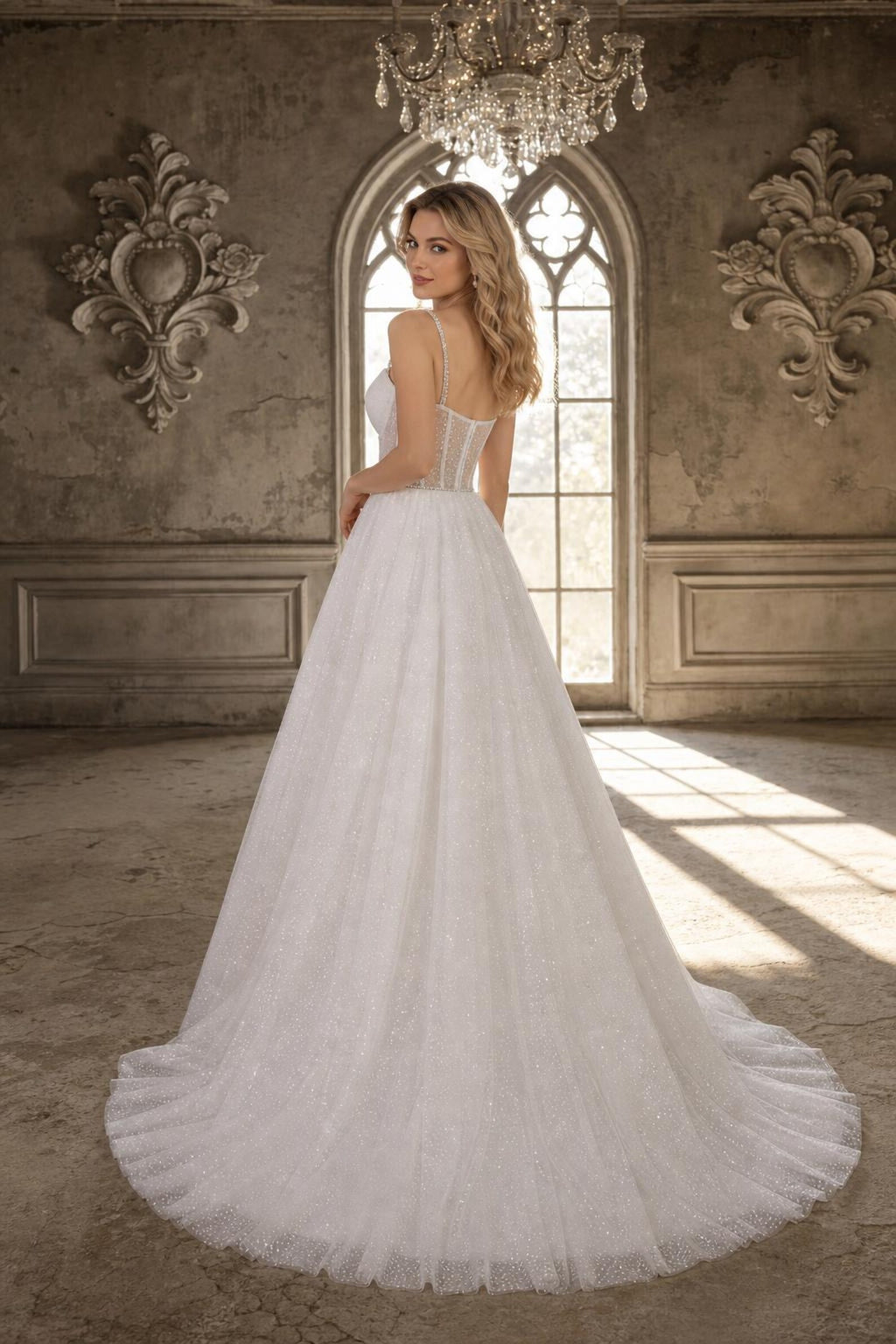 Sparkle Tulle Ballgown Wedding Dress, Sweetheart Corset Bridal Gown, Rhinestone Thin Straps Custom Wedding Gown