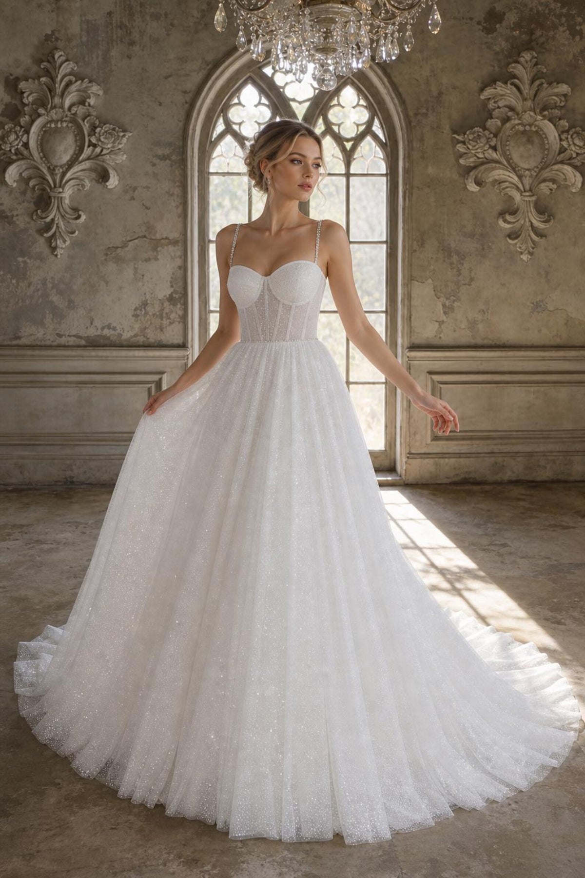 Sparkle Tulle Ballgown Wedding Dress, Sweetheart Corset Bridal Gown, Rhinestone Thin Straps Custom Wedding Gown
