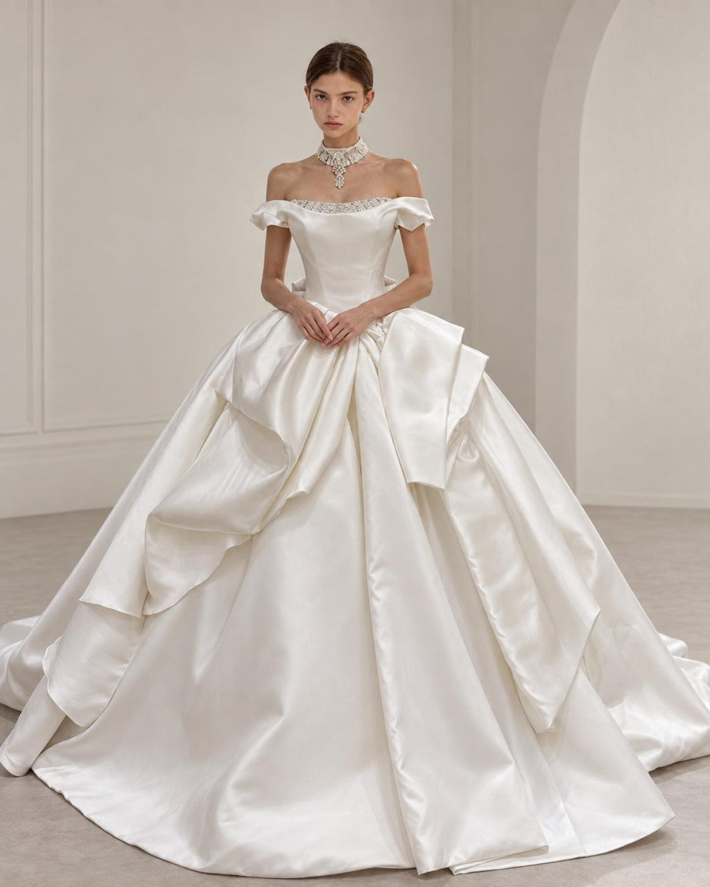 Off Shoulder Satin Wedding Dress, Luxury Ball Gown Bridal Gown, Large 3D Bow Princess Wedding Dress, Beaded Neckline Custom Bridal Dress