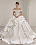 Off Shoulder Satin Wedding Dress, Luxury Ball Gown Bridal Gown, Large 3D Bow Princess Wedding Dress, Beaded Neckline Custom Bridal Dress