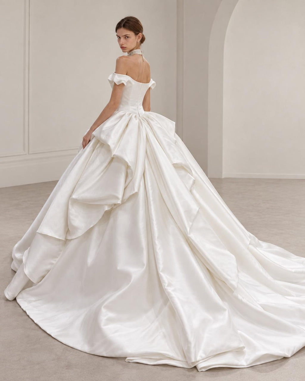 Off Shoulder Satin Wedding Dress, Luxury Ball Gown Bridal Gown, Large 3D Bow Princess Wedding Dress, Beaded Neckline Custom Bridal Dress