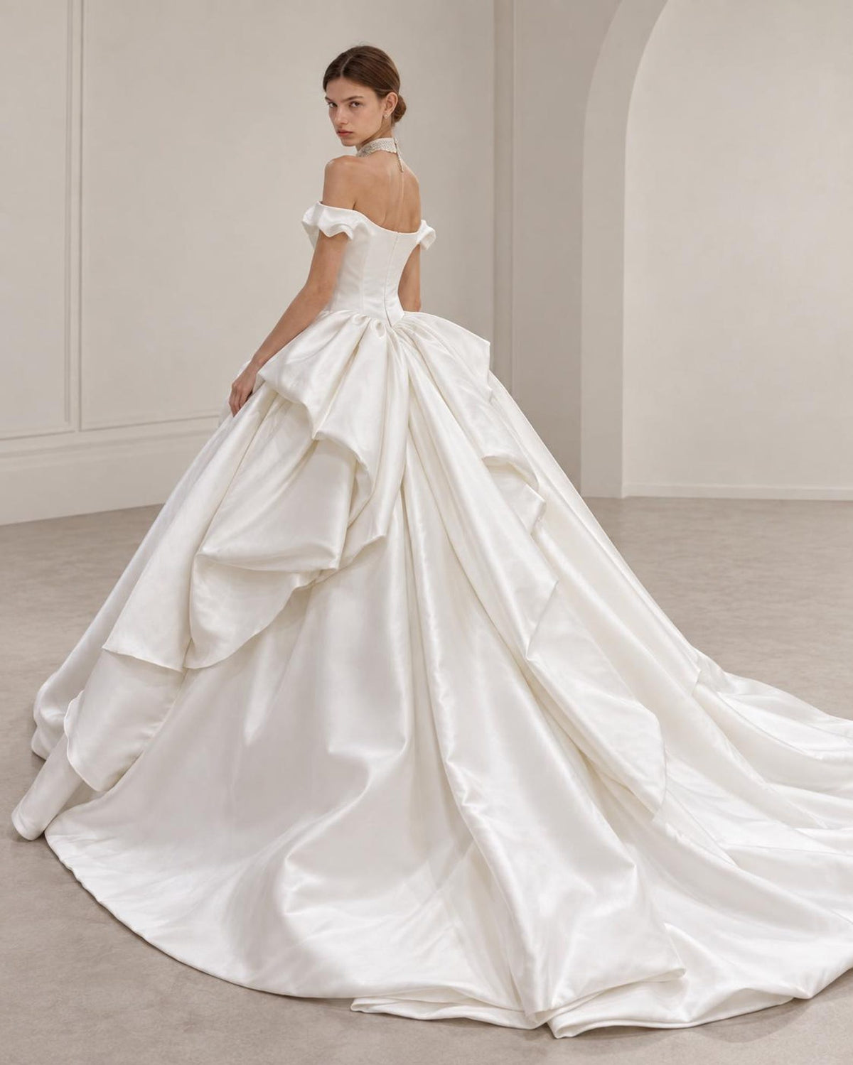 Off Shoulder Satin Wedding Dress, Luxury Ball Gown Bridal Gown, Large 3D Bow Princess Wedding Dress, Beaded Neckline Custom Bridal Dress