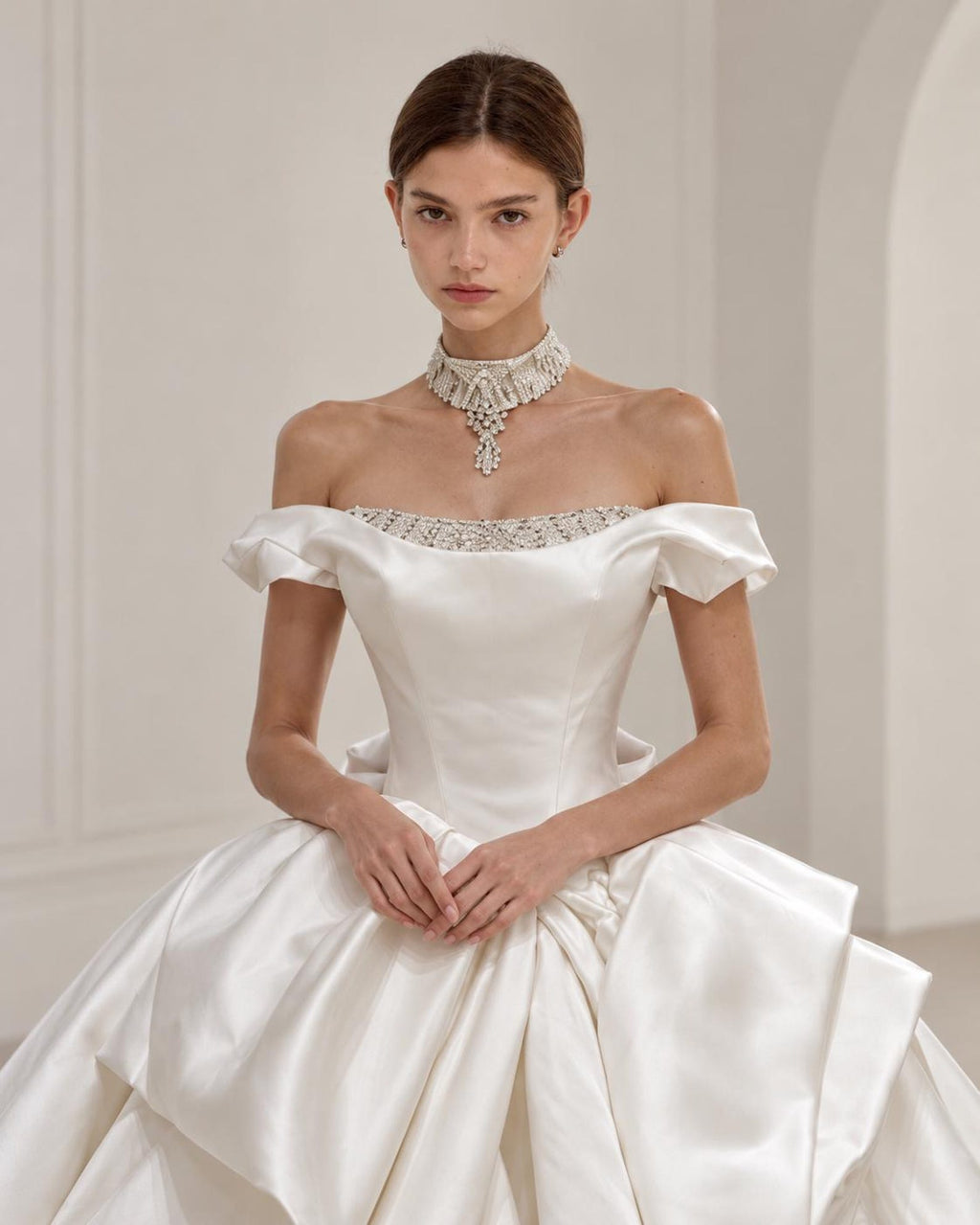 Off Shoulder Satin Wedding Dress, Luxury Ball Gown Bridal Gown, Large 3D Bow Princess Wedding Dress, Beaded Neckline Custom Bridal Dress