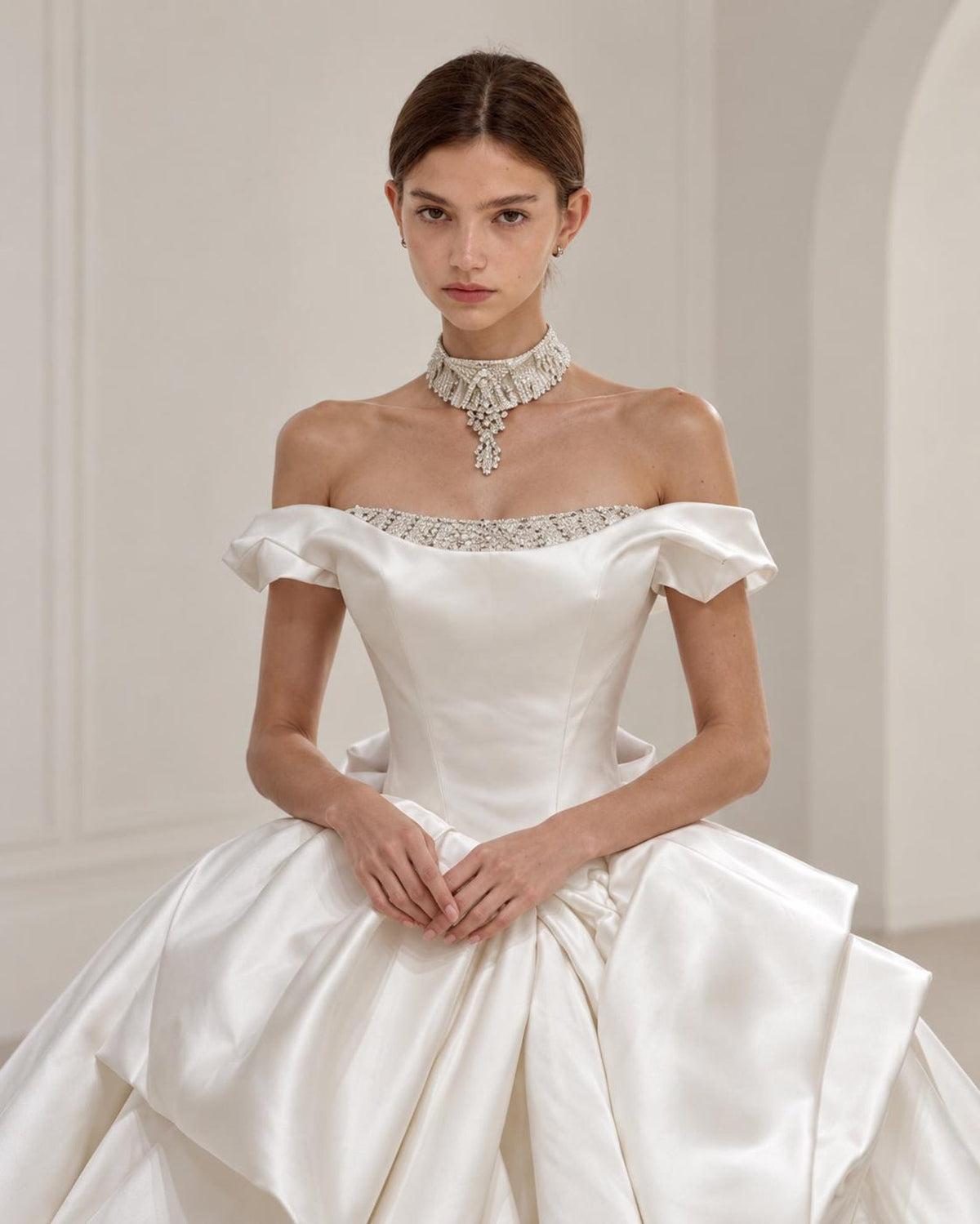 Off Shoulder Satin Wedding Dress, Luxury Ball Gown Bridal Gown, Large 3D Bow Princess Wedding Dress, Beaded Neckline Custom Bridal Dress