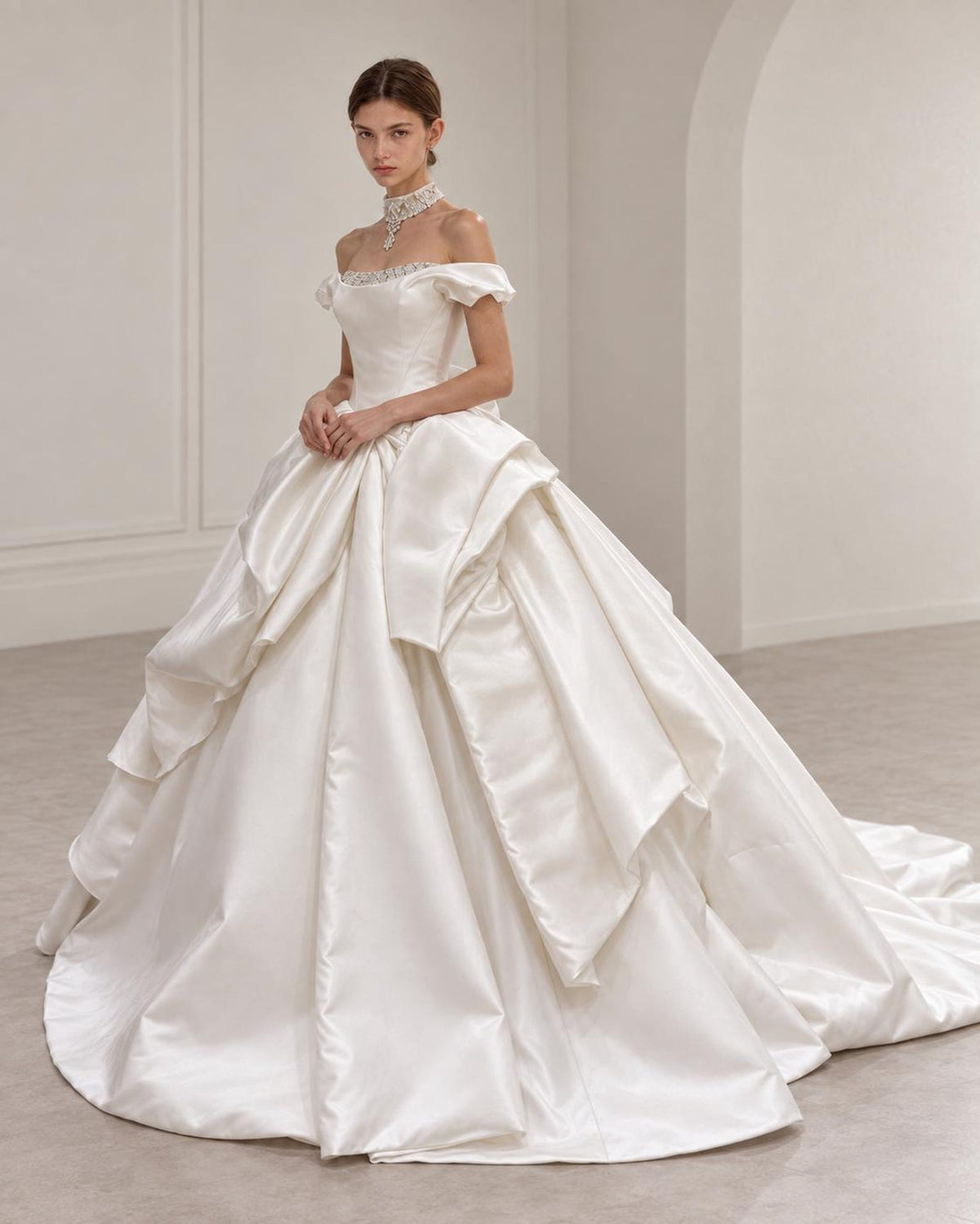 Off Shoulder Satin Wedding Dress, Luxury Ball Gown Bridal Gown, Large 3D Bow Princess Wedding Dress, Beaded Neckline Custom Bridal Dress