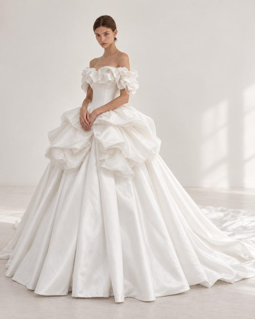 Ruffled Off Shoulder Satin Wedding Dress, 3D Flower Skirt Princess Ballgown Bridal Gown