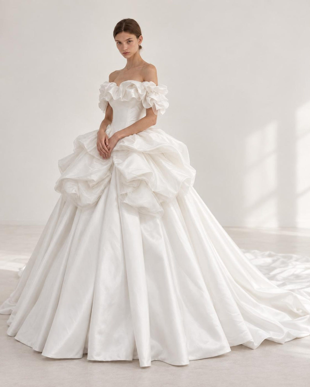 Ruffled Off Shoulder Satin Wedding Dress, 3D Flower Skirt Princess Ballgown Bridal Gown