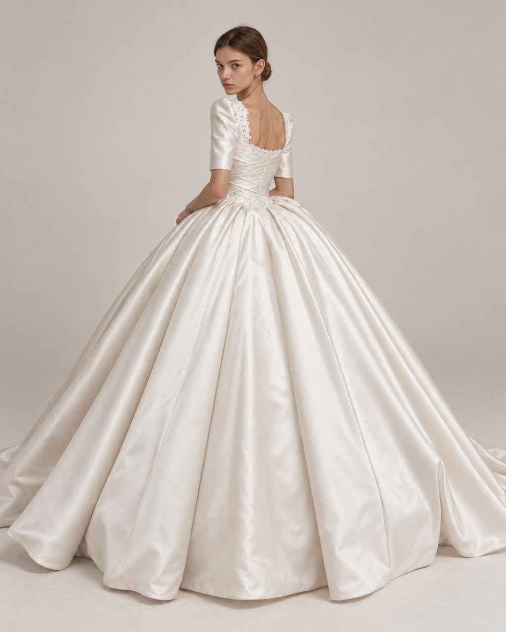 Luxury Satin Ballgown Wedding Dress, Square Neck Puff Sleeve Bridal Gown, Lace Embellished Princess Wedding Dress with Big Bow