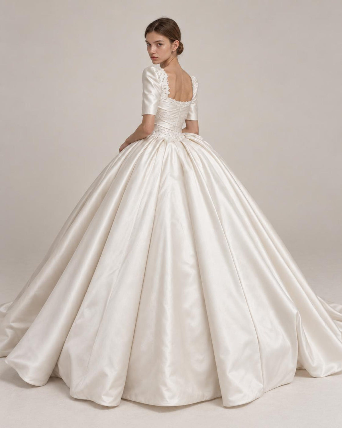 Luxury Satin Ballgown Wedding Dress, Square Neck Puff Sleeve Bridal Gown, Lace Embellished Princess Wedding Dress with Big Bow