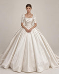 Luxury Satin Ballgown Wedding Dress, Square Neck Puff Sleeve Bridal Gown, Lace Embellished Princess Wedding Dress with Big Bow
