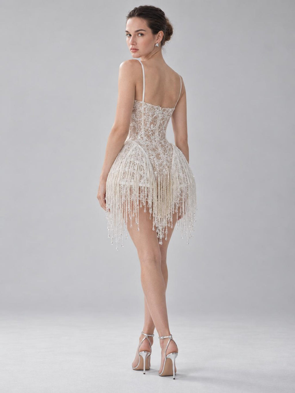 White Beaded Fringe Mini Wedding Dress, Spaghetti Strap Illusion Lace Bridal Reception Dress, Deep V Short Wedding Gown
