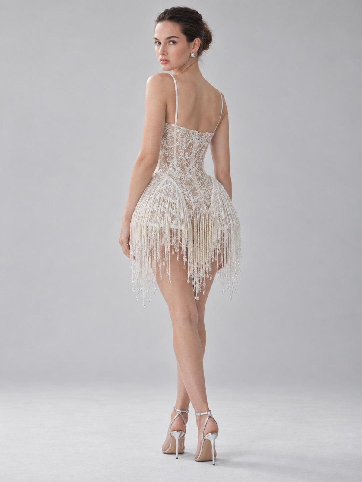White Beaded Fringe Mini Wedding Dress, Spaghetti Strap Illusion Lace Bridal Reception Dress, Deep V Short Wedding Gown