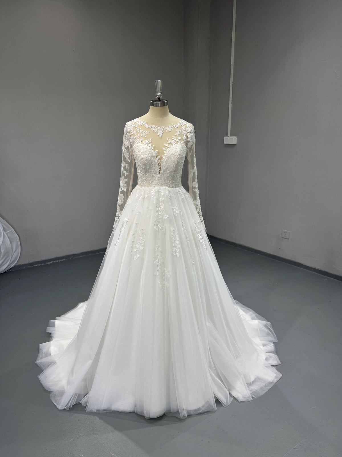 Long Sleeve Lace Wedding Dress, Illusion Neck 3D Floral Tulle Ballgown, Romantic Bridal Gown with Chapel Train