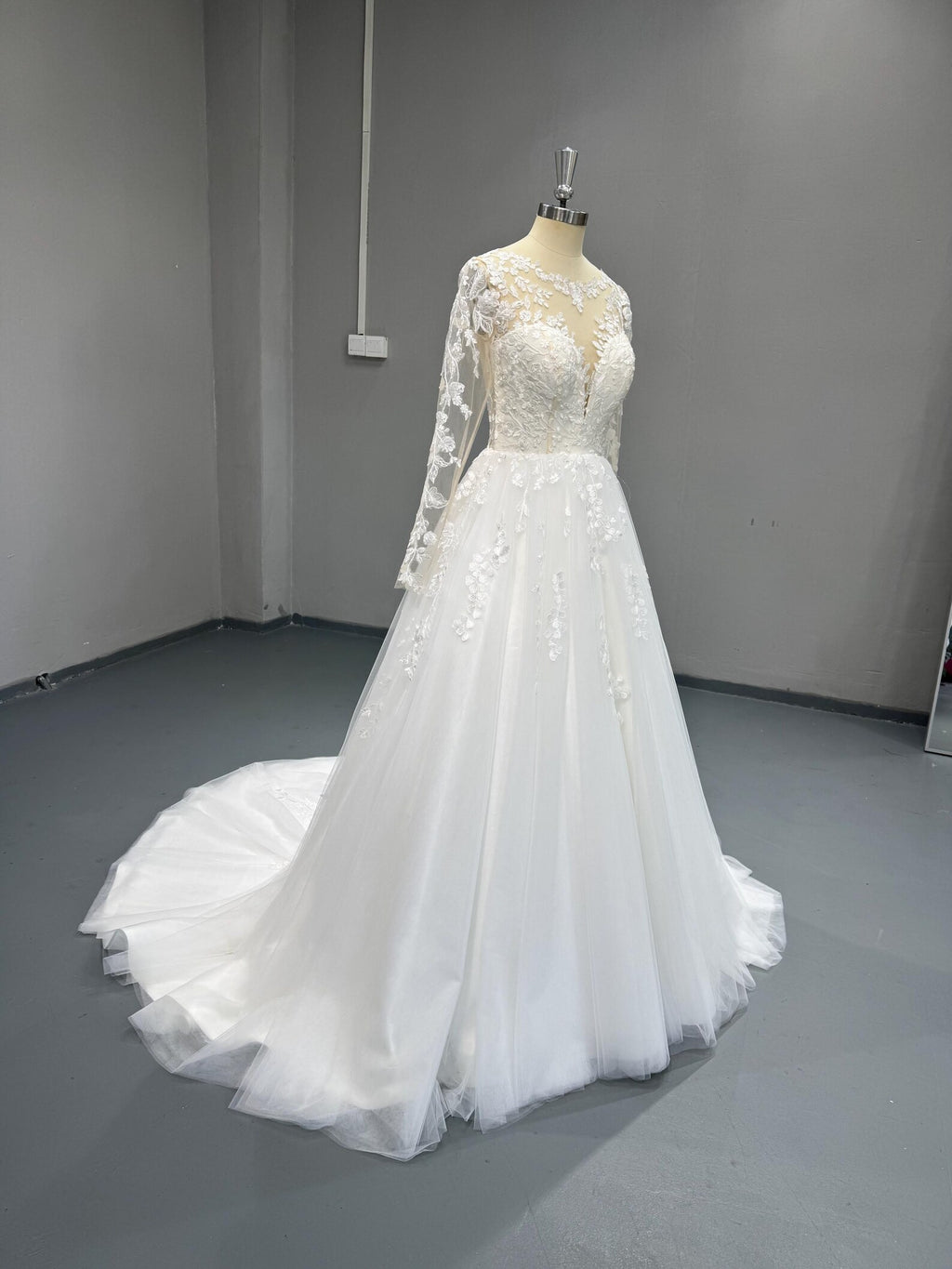 Long Sleeve Lace Wedding Dress, Illusion Neck 3D Floral Tulle Ballgown, Romantic Bridal Gown with Chapel Train