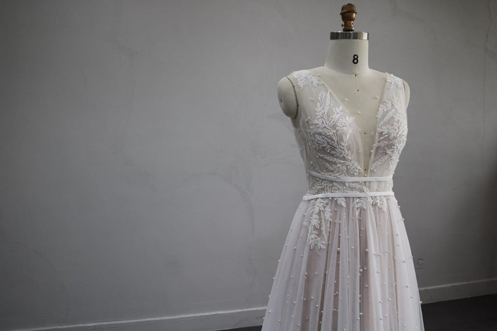 Deep V Lace Tulle Wedding Dress, Sleeveless A-line Bridal Gown with Pearl Beading, Ivory Flowy Wedding Dress with Train