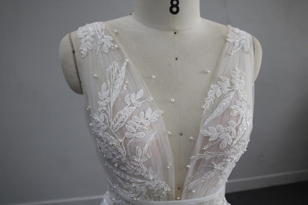 Deep V Lace Tulle Wedding Dress, Sleeveless A-line Bridal Gown with Pearl Beading, Ivory Flowy Wedding Dress with Train