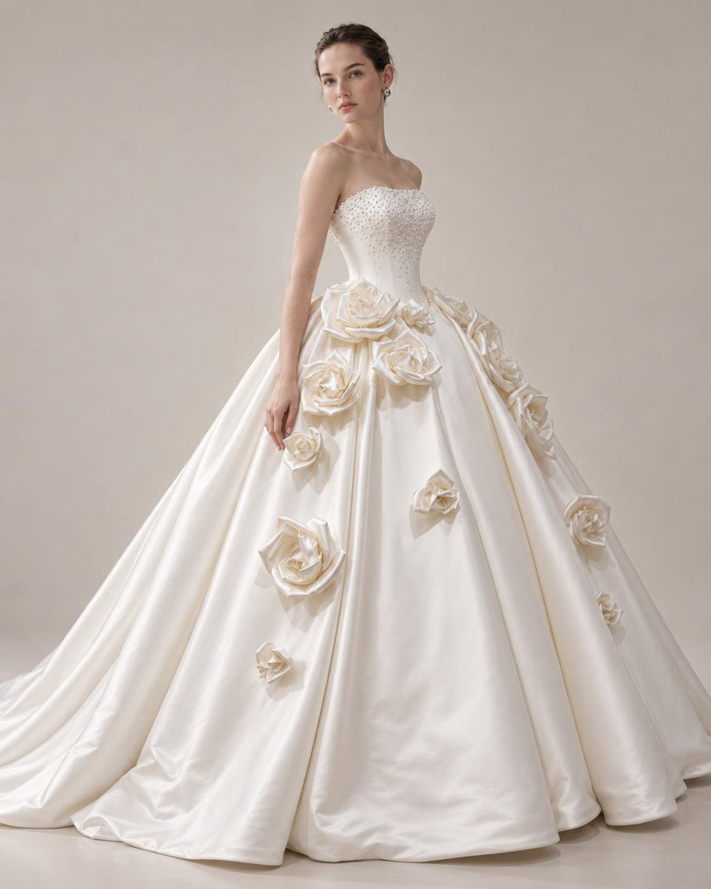 Strapless Beaded Satin Ball Gown Wedding Dress, 3D Large Satin Rose Floral Voluminous Bridal Gown