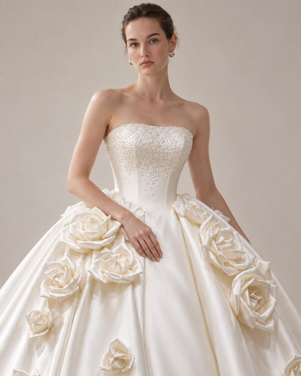 Strapless Beaded Satin Ball Gown Wedding Dress, 3D Large Satin Rose Floral Voluminous Bridal Gown