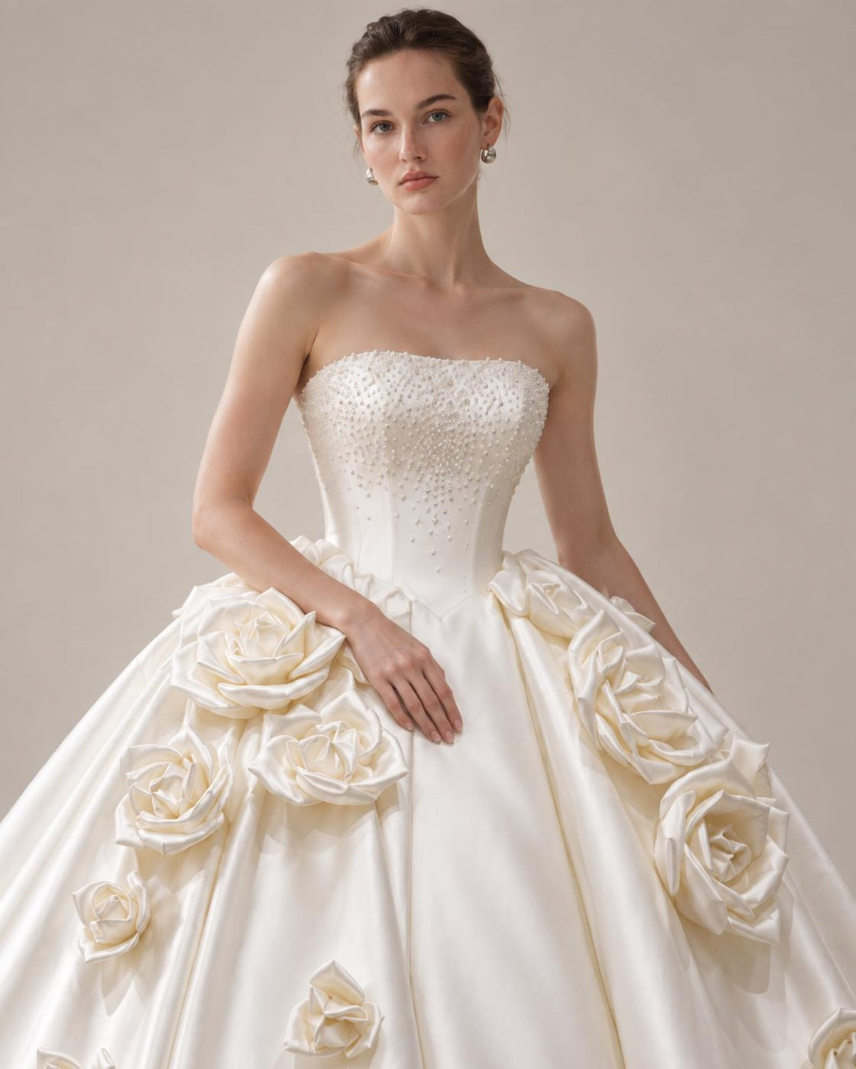 Strapless Beaded Satin Ball Gown Wedding Dress, 3D Large Satin Rose Floral Voluminous Bridal Gown
